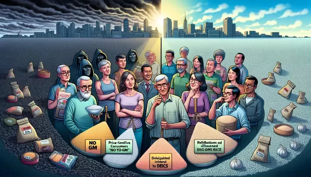 GM Rice: Consumer Segmentation and Price Response.Exploring the diverse attitudes towards GM foods, highlighting socioeconomic factors, media influence, and consumer perceptions across various groups.